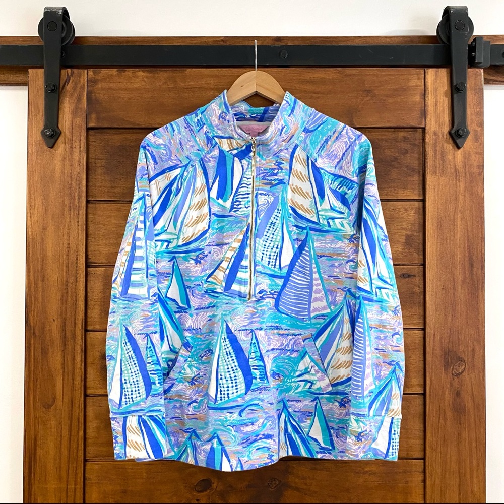Lilly Pulitzer skipper popover half zipper light lilac aboat time sz L sailboat